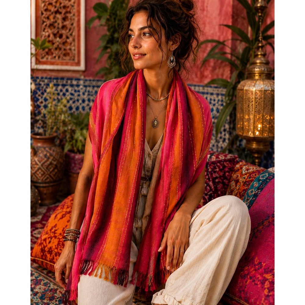 Moroccan Boho Striped Metallic Pink Orange Scarf Wrap Festival Beachy Resort